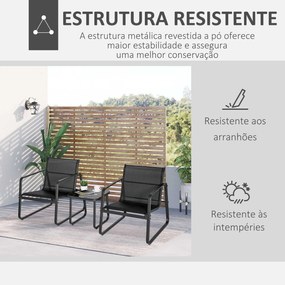 Conjunto de Móveis de Jardim 3 Peças Mesa de Vidro Temperado 43x43x41cm e 2 Cadeiras 62x78x75cm com Apoio para os Braços e Encosto Respirável para Ter