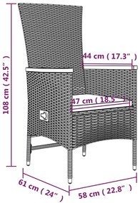 3 pcs conjunto de jantar p/ jardim c/ almofadões vime PE preto