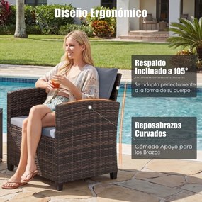 Conjunto de 3 móveis de rattan para jardim, com 2 cadeiras, mesa de vidro e almofadas pretas com capas removíveis, para jardim, terraço ou piscina Cas