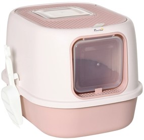 Caixa de Areia para Gatos Caixa de Areia Fechada com Entrada Dianteira Saida Superior Bandeja Removível e Pá 40x53,5x37,5cm Rosa