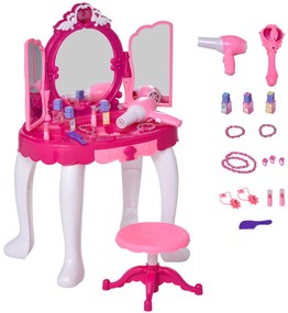 HOMCOM Conjunto de penteadeira para crianças acima de 3 anos penteadeira com banquinho música e iluminação espelho cosmeticos secador de cabelo esmaltes 45 x 30,5 x 72 cm