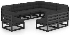 9pcs conjunto longue de jardim c/ almofadões pinho maciço preto