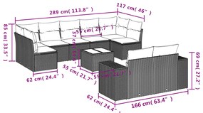 10 pcs conjunto sofás de jardim c/ almofadões vime PE cinzento
