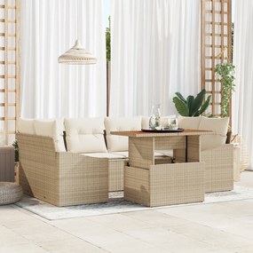 vidaXL Conjunto de Jantar de Jardim de 7 Peças com Almofadas Bege Polirattan Acácia