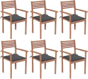 vidaXL Cadeiras de jardim empilháveis c/ almofadões 6 pcs teca maciça