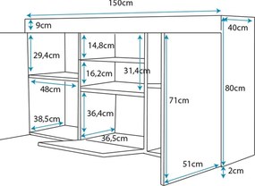 Aparador LUND com Luz LED - 150x83x40 cm - Branco e Preto Mate - Desig