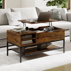 Mesa de centro elevável 99,5 x 49,5 x 47,5 cm com compartimento oculto com prateleira de armazenamento elevável Castanha