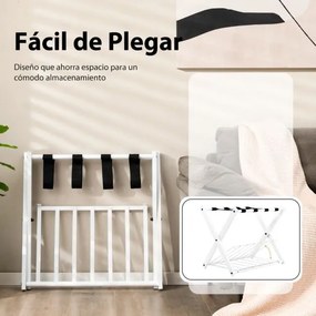 Estante dobrável de metal para bagagens até 60 kg com 4 correias estáveis e design de 2 andares para casa e hotel Branco