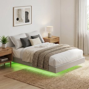 Estrutura Cama de Casal Flutuante, 201 x 162 x 27 cm (COLCHÃO NÃO INCLUIDO), Iluminação LED RGB Inteligente, Bege