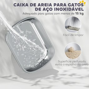 Caixa de Areia para Gatos Fechada com Bandeja em Aço Inoxidável Bordas Altas Pá para Gatos Grandes 53x42x27 cm Cinzento