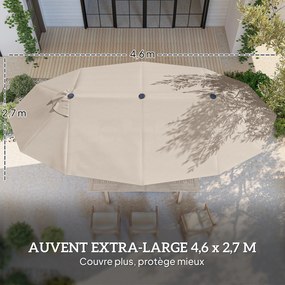Guarda-sol duplo retangular de jardim, 4,6 m x 2,7 m x 2,4 m, com manivela para abrir e fechar, lona de 180 g/m², cor cáqui