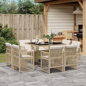 9 pcs conjunto de jantar p/ jardim com almofadões vime PE bege
