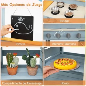 Cozinha de brincar com mesa de piquenique para crianças em madeira de abeto com banco de ardósia, lava-loiça e acessórios para o pátio ou jardim Multi