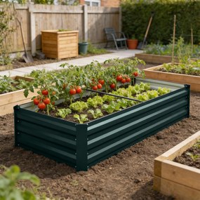 Floreira retangular para horta 150 x 70 x 30 cm,, em aço galvanizado, com rebordo de segurança e fundo aberto, verde