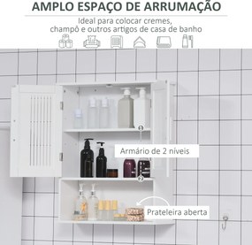 Armário de Parede Casa de Banho com Armazenamento 2 Portas em Ripas Prateleira Ajustável e Compartimento 60x20x70 cm Branco