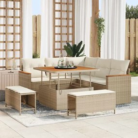 Conjunto de Sofá de Jardim vidaXL de 8 Peças com Almofadas Bege Vime Sintético Acácia