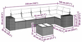 7 pcs conj. sofás jardim com almofadões vime PE cinzento-claro