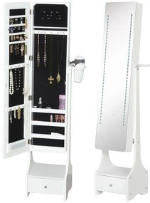 HOMCOM Joalheiro de Pé com Espelho Luz Armário para Jóias com Espelho de Corpo Inteiro 3 Ângulos Ajustáveis com Gaveta e Suporte para Secador 37x30x158cm Branco