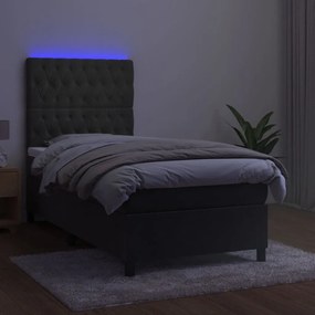 Cama box spring c/ colchão/LED 80x200 cm veludo cinzento-escuro