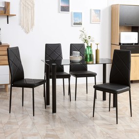 Conjunto de mesa de jantar com 4 cadeiras, tampo em vidro temperado e pés em aço, para cozinha ou sala de estar, na cor preta