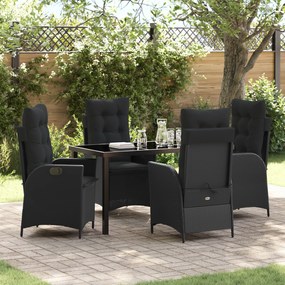 vidaXL Conjunto de Jantar de Jardim de 5 Peças com Almofadas Pretas de Vime PE