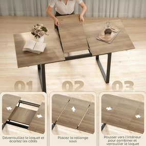 Mesa de jantar retangular extensível com extensão de 140 a 180 cm para 6 a 8 pessoas (CADEIRAS NÃO INCLUIDAS), com efeito de madeira natural, preto