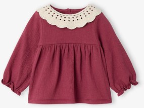 Camisola em jersey enrugado com gola em crochê, para bebé ameixa
