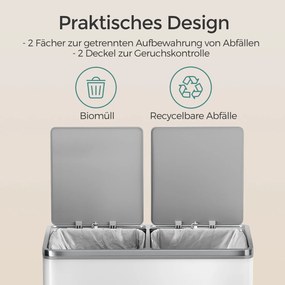 Caixote do lixo com 2 compartimentos de 60 L, 59 x 36,5 x 65,2 cm branco + cinzento
