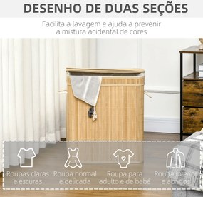 Cesto de Roupa Suja 90L em Bambu com 2 Compartimentos Alças e Bolsa Interna Removível 54,2x35,2x59,5 cm Madeira