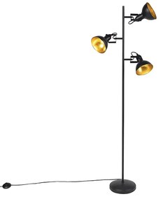 Candeeiro de pé industrial preto com dourado 3-luzes - Tommy Industrial