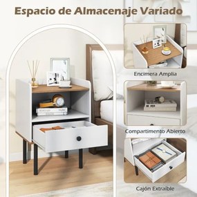 Conjunto de 2 mesas de cabeceira 40,5 x 35 x 56 cm com gaveta e prateleira aberta, pernas de metal, mesa auxiliar compacta para sala ou quarto, branca