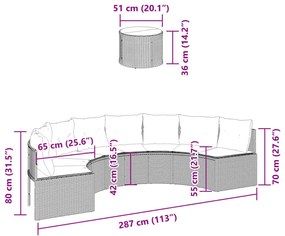 Sofá de jardim com mesa e almofadões semicircular vime PE cinza