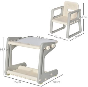HOMCOM 2 em 1 Mesa Infantil com Quadro Negro Conjunto de Mesa Conversível e Cadeira para Crianças acima de 12 Meses com 3 Marcadores e 1 Borracha 65x48x66,7 cm Cinza e Branco