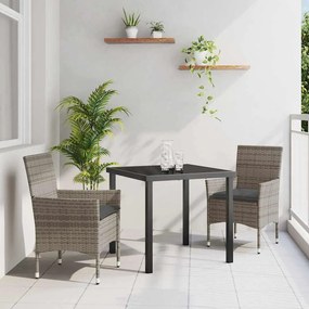 vidaXL Conjunto de jantar de 3 peças com almofadas cinzas em rattan sintético