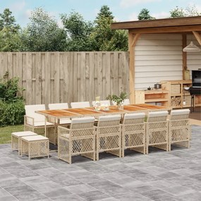 vidaXL 15 pcs conjunto de jantar p/ jardim com almofadões vime PE bege