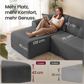 Sofá de canto sem montagem modular 150 x 244 x 73 cm com chaise longue cinza ardósia