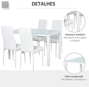 Conjunto de Refeição com Mesa Retangular de Vidro Temperado e 4 Cadeiras Estofadas em PU com Pés de Metal Branco