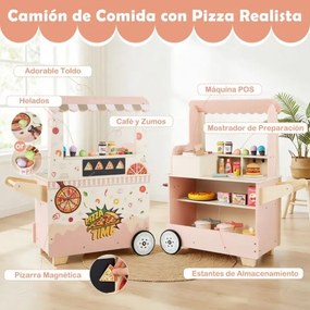 Carrinho de comida infantil em madeira 82 x 33 x 88 cm com forno, quadro magnético, gelataria, máquina de pagamento, tenda móvel com rodas, 3+ anos, r