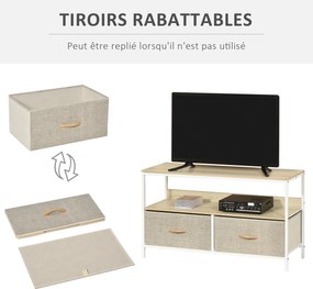 Móvel de TV baixo com pés, estilo industrial, com 2 gavetas, em tecido cinzento, madeira natural e metal branco
