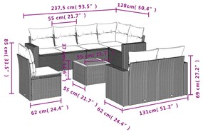 9 pcs conjunto de sofás p/ jardim com almofadões vime PE bege