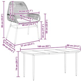 Conjunto jantar jardim 7 peças almofadas vidro vime cinzento PE