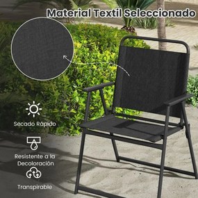 Conjunto de 2 cadeiras dobráveis com estrutura metálica, encosto e apoios para os braços, carga 150 kg, para terraço, varanda ou praia Preto