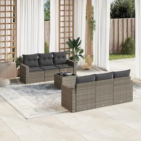 7 pcs conjunto sofás p/ jardim c/ almofadões vime PE cinzento