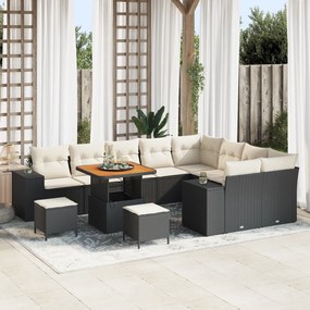 Conjunto de Sofá de Jardim de 12 Peças com Almofadas Preto Rattan Poli