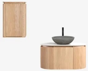 Conjunto De Móvel De Casa De Banho Suspenso 90x50 Cm Em Madeira Carsone Madeira Natural & Madeira Natural & Cimento Cinzento Redondo Ø40 Cm - Sklum
