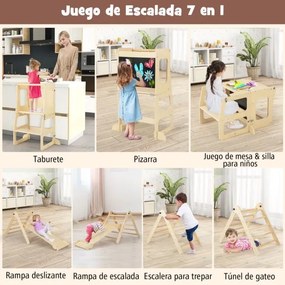 Conjunto 7 em 1 Escalador dobrável para crianças de 3 a 14 anos com rampa reversível, banco conversível e quadro divertido natural