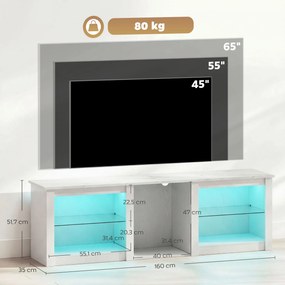 Móvel de TV com iluminação LED para televisores até 70 polegadas, 160 x 35 x 51,7 cm, com prateleiras de vidro ajustáveis, branco