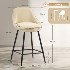 Conjunto de 2 bancos de bar em veludo canelado, bancos de bar com encosto curvo e apoio para os pés, 49 x 52 x 88 cm, bege