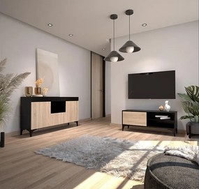 Aparador Koi – 130x32,5x58 cm – Preto e Sonoma Mate – 3 Portas + Nicho