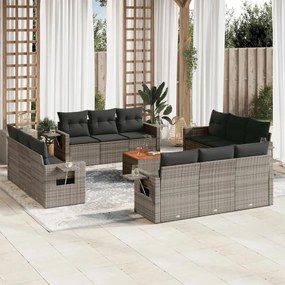 vidaXL 13 pcs conjunto sofás p/ jardim c/ almofadões vime PE cinzento